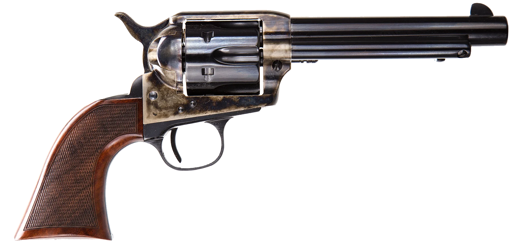 Taylors Smoke Wagon Cattleman Deluxe Revolver 4108DE, 357 Magnum, 5 1/2 in, Wood Grip, Case Hard Blue Finish, 6 Rd