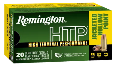Remington Ammunition 28288 HTP, 9mm Luger, 115gr Jacketed Hollow Point, 20Rds, Brass