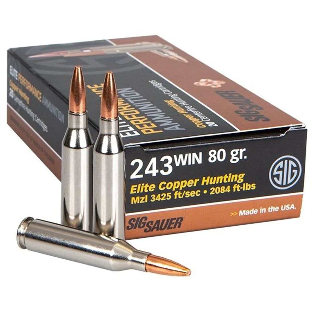 SIG Sauer Ammo 243 Win 80Gr Elite Series Solid Copper Projectile Rifle Ammo - 20 Rounds - E243H1-20