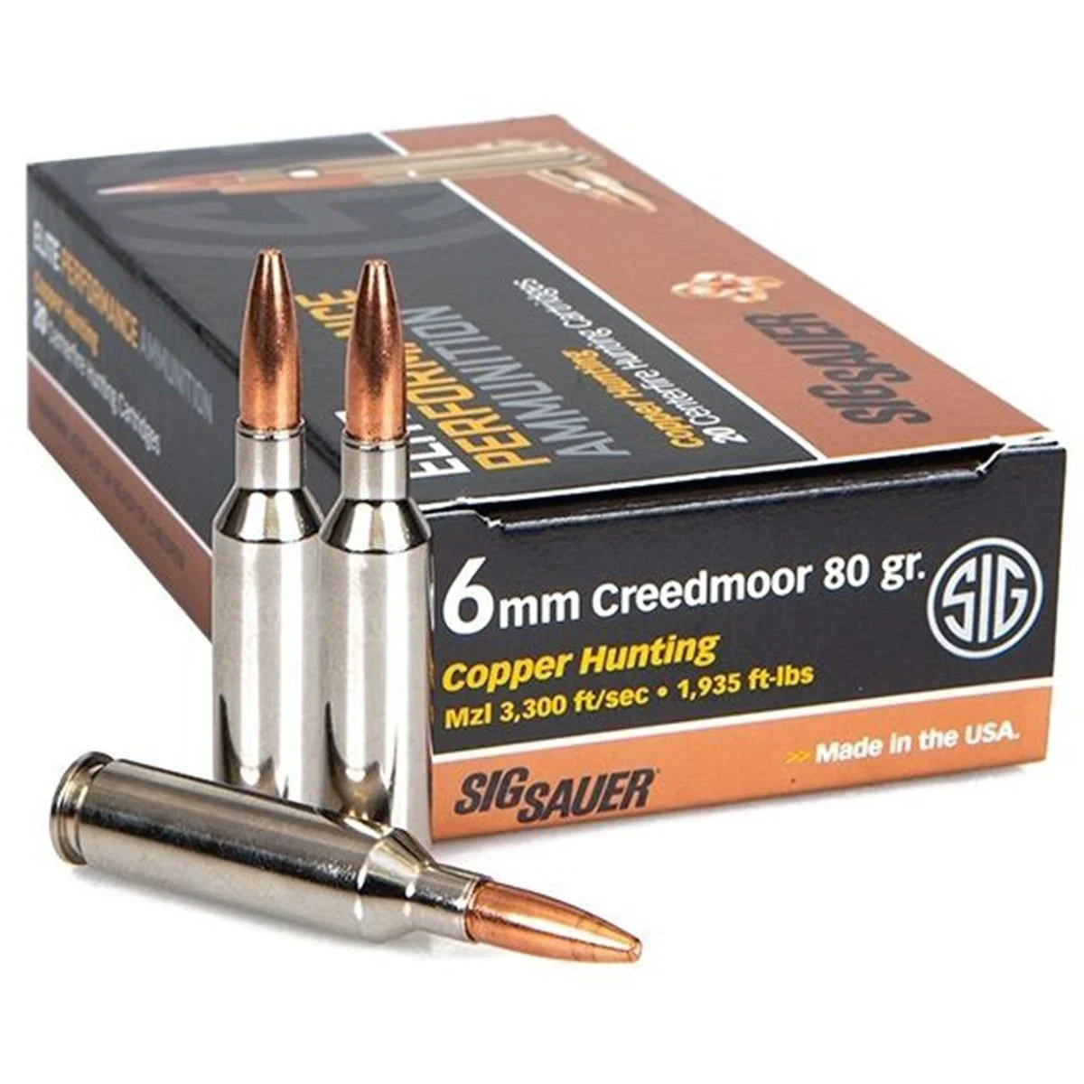 SIG Sauer Ammo 6mm Creedmoor 80Gr Elite Series Copper Solid Copper Projectile Rifle Ammo - 20 Rounds - E6MMCH1-20
