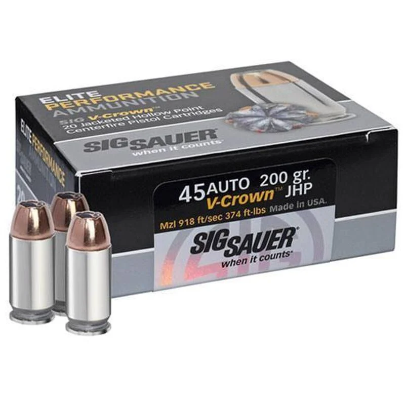 Sig Sauer Elite Performance E45AP2-20 V-Crown 45 ACP 230 Grain Jacketed Hollow Point Handgun Ammo - 20 Rounds - SGE45AP2