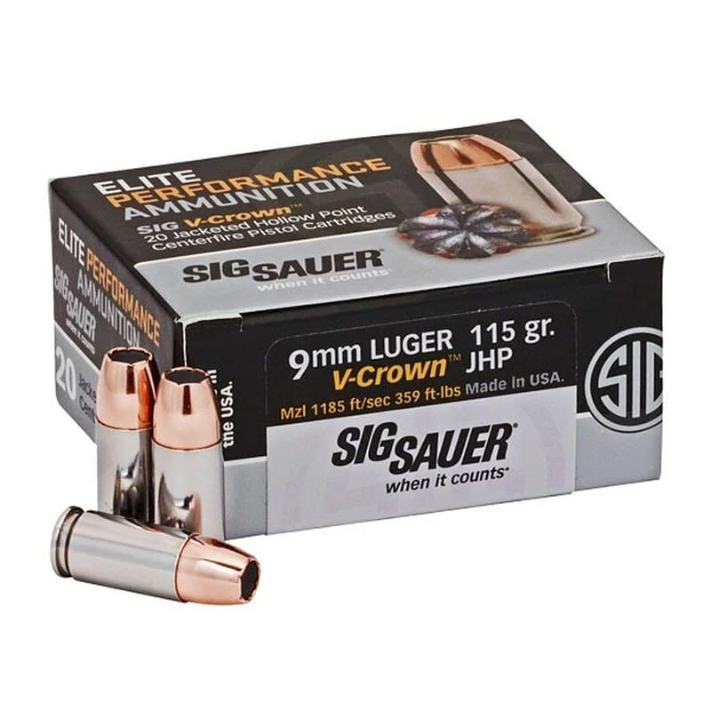 Sig Sauer E9MMA1-20 Elite Performance V-Crown 9MM 115 Grain Jacketed Hollow Point Handgun Ammo - 20 Rounds - SGE9MMA1