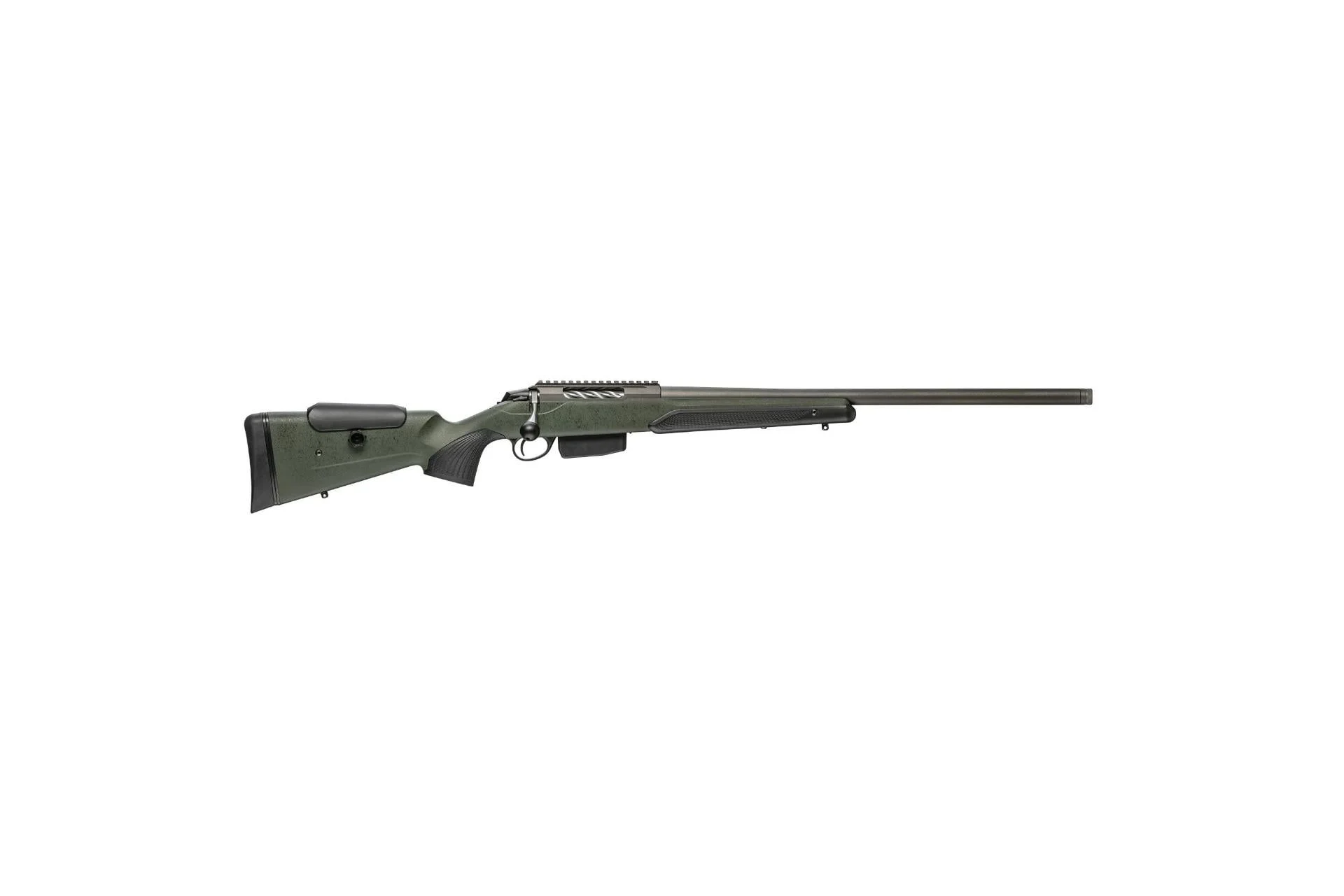 Tikka T3X Super Varmint 20" 22-250 Remington, Threaded 5/8x24, Picatinny Rail, Roughtech Finish Synthetic Stock, Green with Black Webbing, 5rd - JRTXRSV314R14