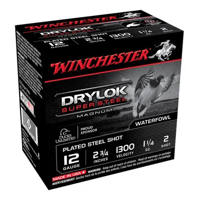 WINCHESTER AMMO DryLok Super Steel 12Ga 2.75in 2-Shot Magnum Plated 25/250 Shotgun Shells (XSM122)