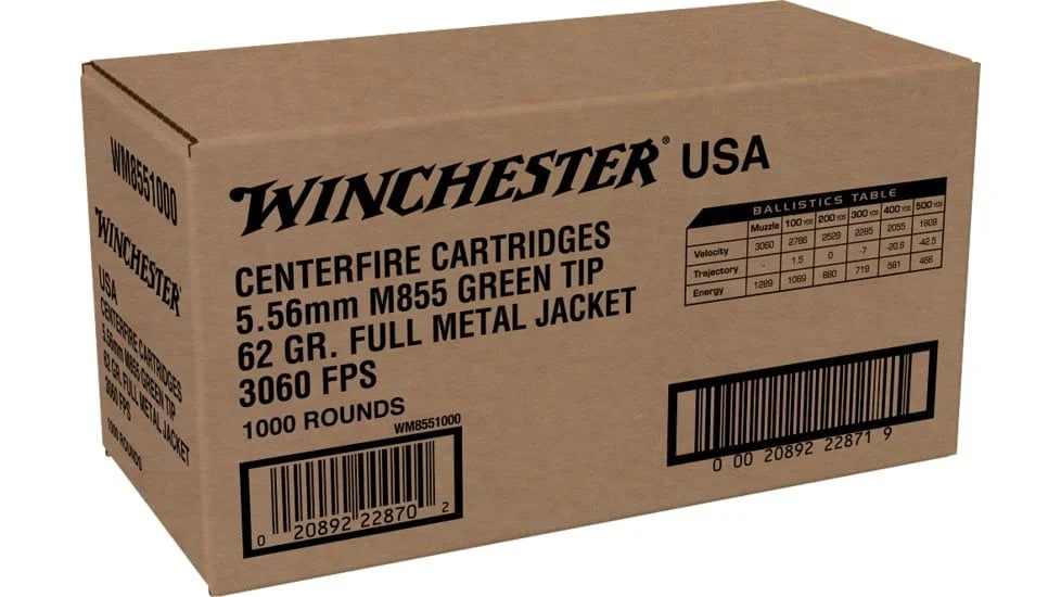 Winchester Ammo WM8551000 USA Green Tip 5.56x45mm NATO 62 gr Full Metal Jacket (FMJ) Rifle Ammo - 1000 Rounds - 129085