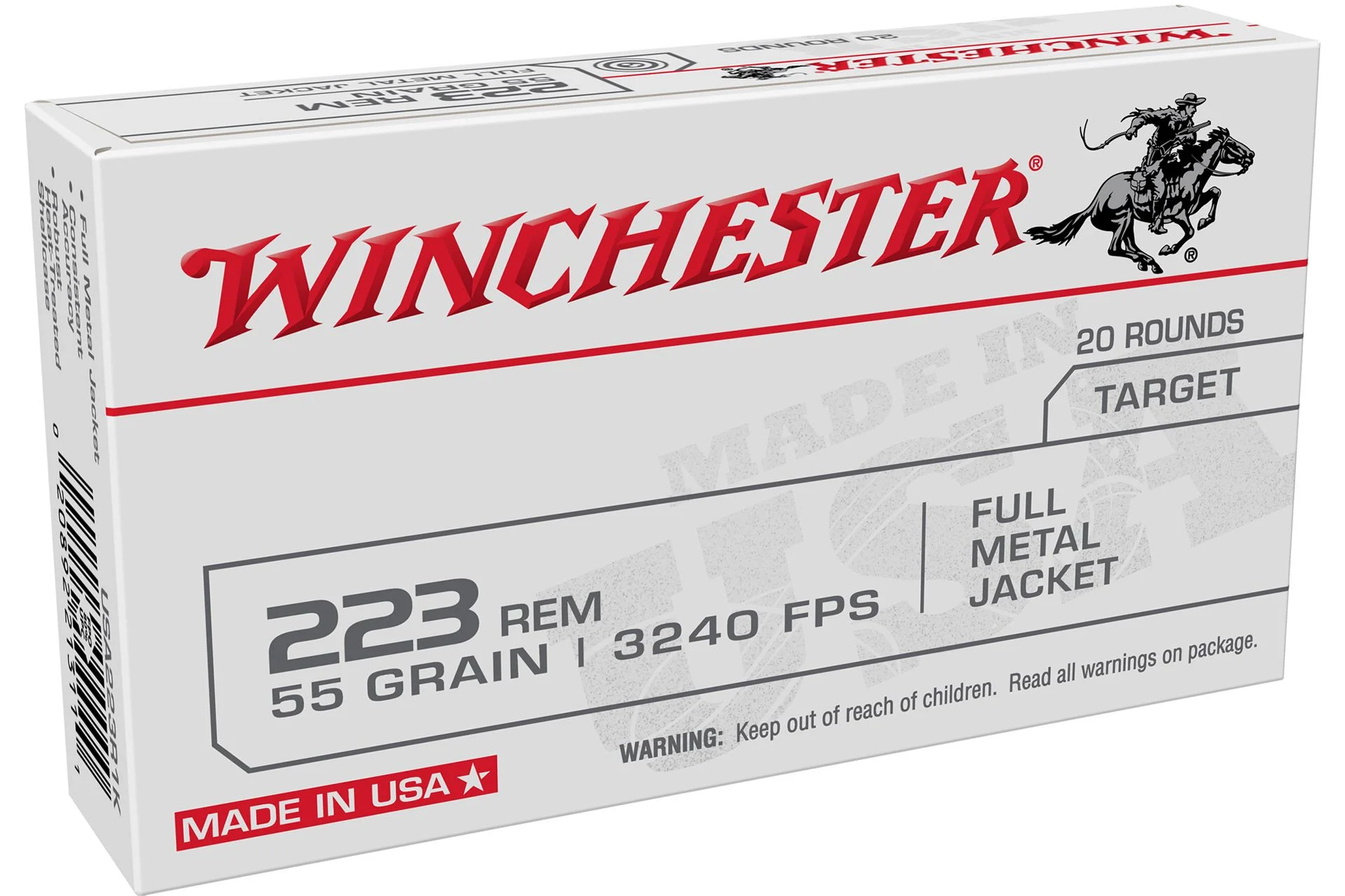Winchester USA .223 Ammo 55 Grain FMJ USA White Box Rifle Ammo - 20 Rounds - 20892213111