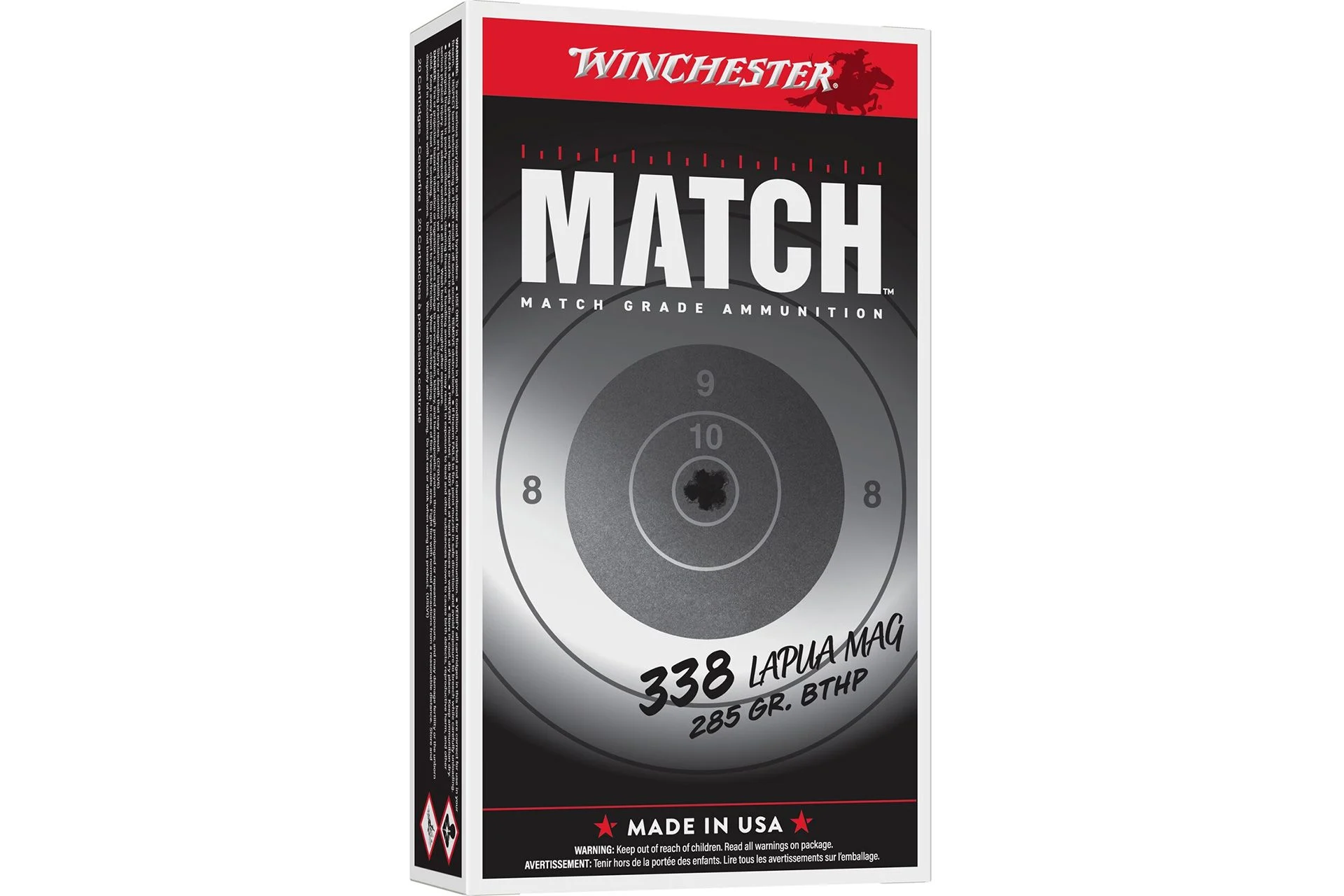 Winchester Match 338 Lapua Magnum 285 Grain Hollow Point Boat Tail Rifle Ammo - S338LM2