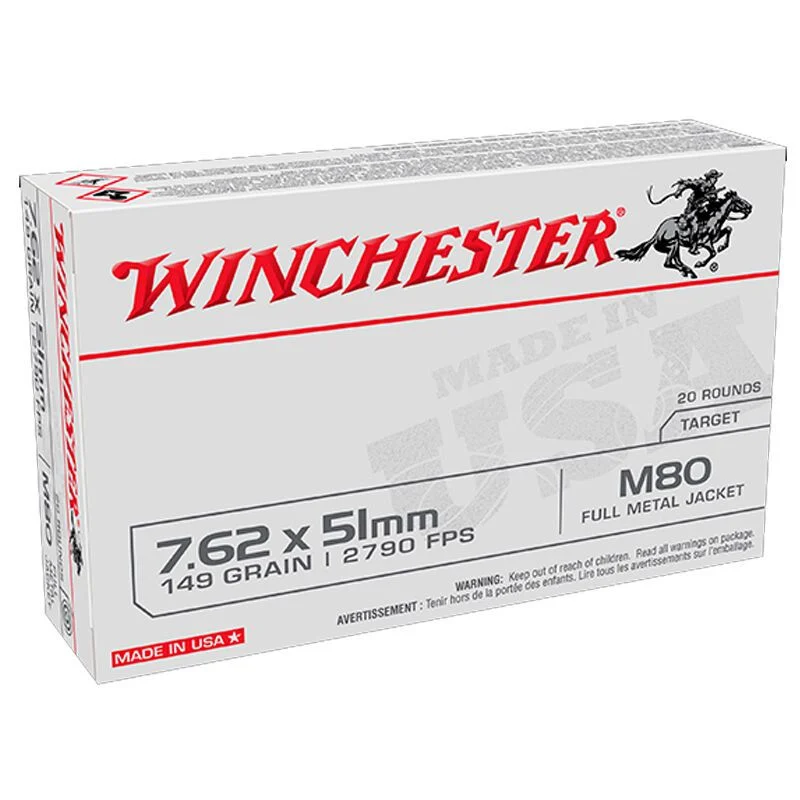 Winchester WM80 7.62x51 NATO 149gr FMJ Ball Rifle Ammo - 20 Rounds - WINCWM8