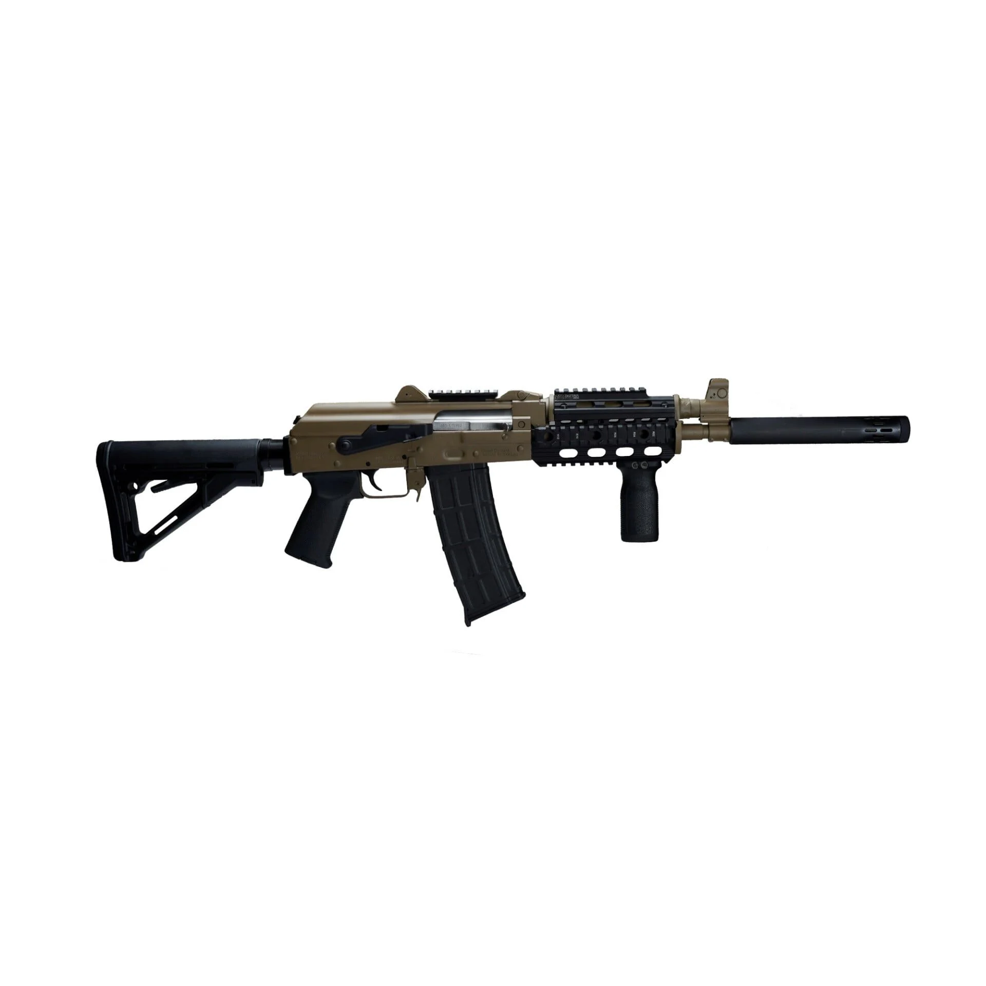 Zastava Zpap85 Ak Rifle 10" 5.56X45 30rd Semi Auto Buldged Trunnion 1.5mm Receiver Chrome Lined Barrel FDE Cerakote With Night Brake Quad Rail Top Rail Rear Buffer Tube Adaptor CTR Stock - ZP85556FDER