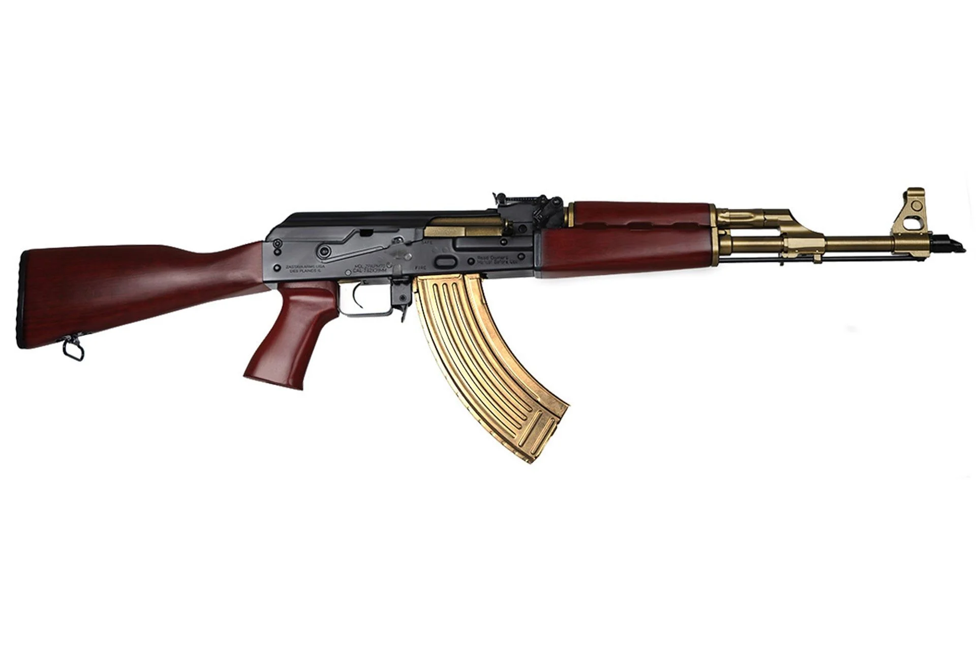 Zastava Zpapm70 16.3" 7.62X39 30rd Semi Auto Rifle Cerakoted Black Receiver Gold Cerakoted Barrel Trigger And Magazine Buldged Trunnion 1.5mm Receiver Chrome Lined Barrel Serbian Red Furniture - ZR7762CBG